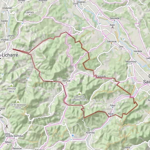 Miniature de la carte de l'inspiration cycliste "Aventure gravel dans la vallée du Barétous" dans la Aquitaine, France. Générée par le planificateur d'itinéraire cycliste Tarmacs.app