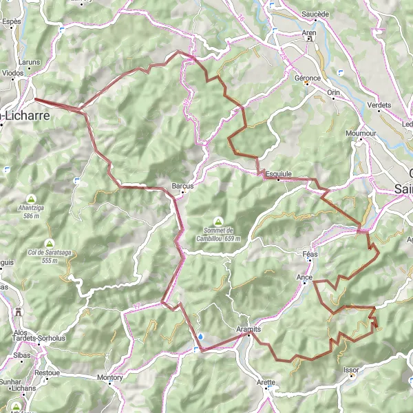 Miniature de la carte de l'inspiration cycliste "Aventure en Montagne" dans la Aquitaine, France. Générée par le planificateur d'itinéraire cycliste Tarmacs.app