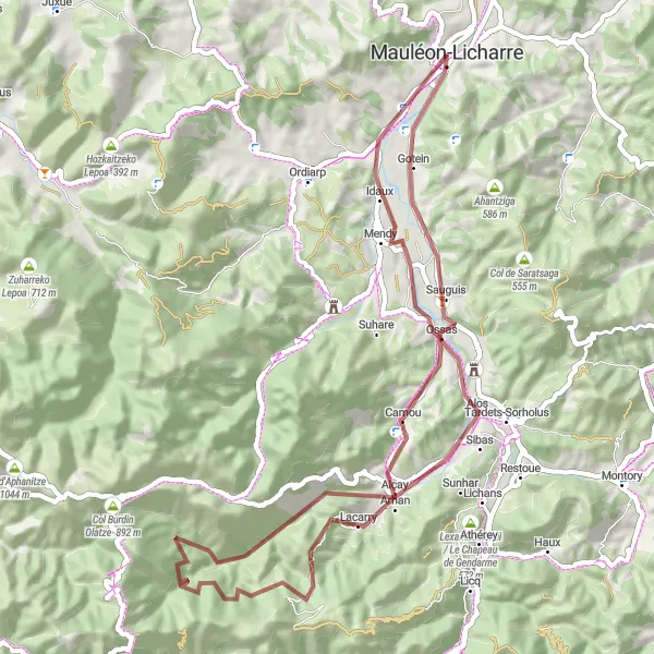 Miniature de la carte de l'inspiration cycliste "Les Collines de Soule" dans la Aquitaine, France. Générée par le planificateur d'itinéraire cycliste Tarmacs.app