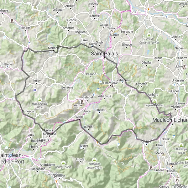 Miniature de la carte de l'inspiration cycliste "Les collines du Pays Basque" dans la Aquitaine, France. Générée par le planificateur d'itinéraire cycliste Tarmacs.app