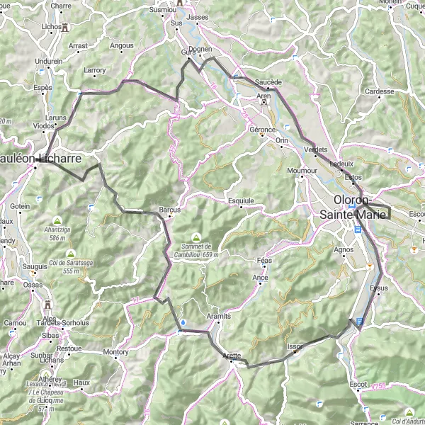 Miniature de la carte de l'inspiration cycliste "Parcours vers Oloron-Sainte-Marie" dans la Aquitaine, France. Générée par le planificateur d'itinéraire cycliste Tarmacs.app