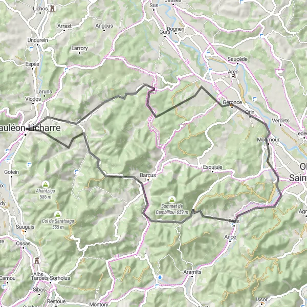 Miniature de la carte de l'inspiration cycliste "Boucle à travers Barcus" dans la Aquitaine, France. Générée par le planificateur d'itinéraire cycliste Tarmacs.app