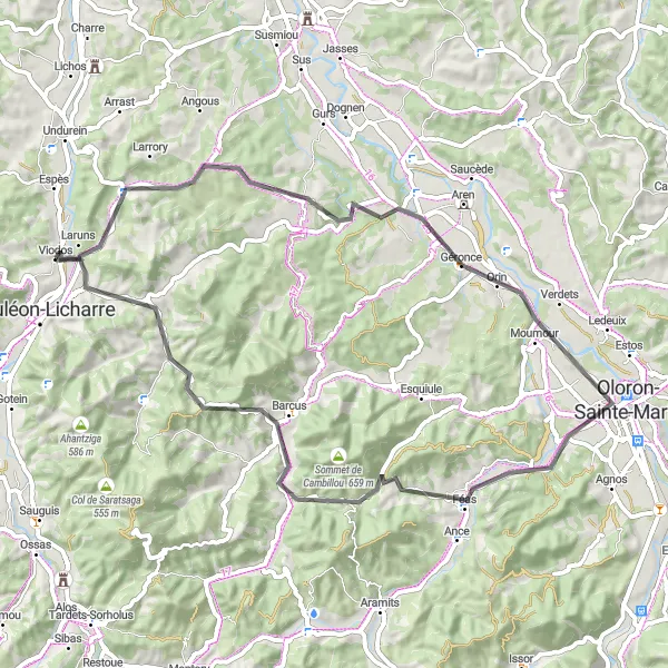 Miniature de la carte de l'inspiration cycliste "Vallées et Villages" dans la Aquitaine, France. Générée par le planificateur d'itinéraire cycliste Tarmacs.app