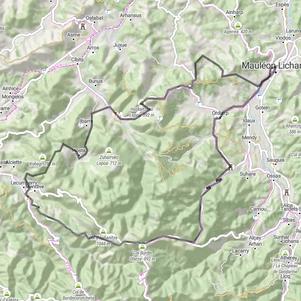 Miniature de la carte de l'inspiration cycliste "Les Montagnes Basques" dans la Aquitaine, France. Générée par le planificateur d'itinéraire cycliste Tarmacs.app