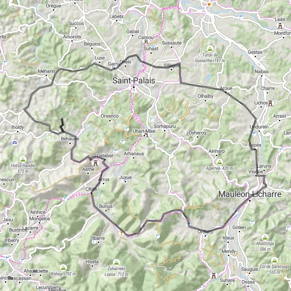 Miniature de la carte de l'inspiration cycliste "Parcours pittoresque de la vallée d'Aspe" dans la Aquitaine, France. Générée par le planificateur d'itinéraire cycliste Tarmacs.app