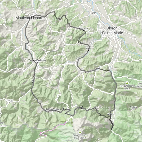 Map miniature of "The Pyrenees Challenge" cycling inspiration in Aquitaine, France. Generated by Tarmacs.app cycling route planner