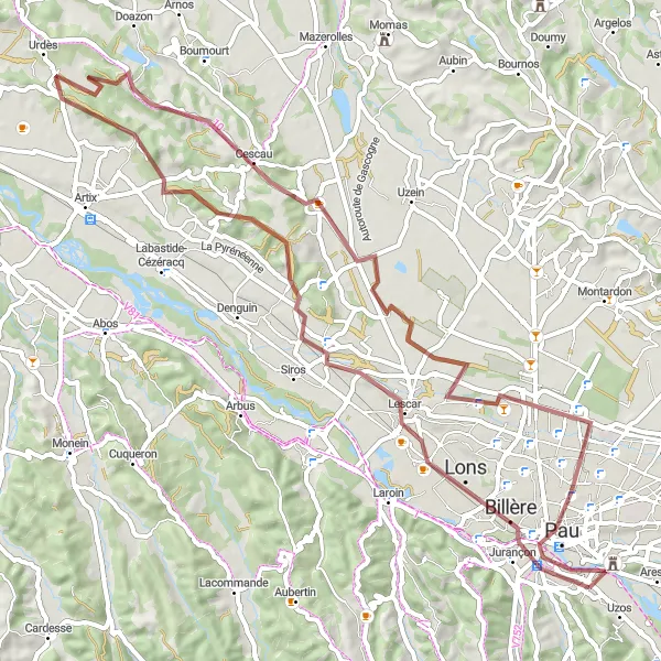 Map miniature of "Gravel Circuit Around Pau" cycling inspiration in Aquitaine, France. Generated by Tarmacs.app cycling route planner