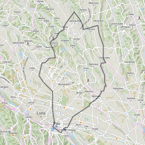 Map miniature of "Scenic Loop through Gelos, Doumy, Mouhous, Saint-Jammes, and Bizanos" cycling inspiration in Aquitaine, France. Generated by Tarmacs.app cycling route planner