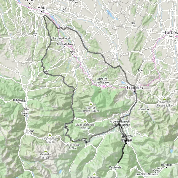 Miniature de la carte de l'inspiration cycliste "Escapade à Lourdes et Col de Saucède" dans la Aquitaine, France. Générée par le planificateur d'itinéraire cycliste Tarmacs.app