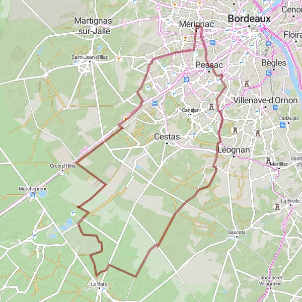 Map miniature of "Mérignac Gravel Adventure" cycling inspiration in Aquitaine, France. Generated by Tarmacs.app cycling route planner