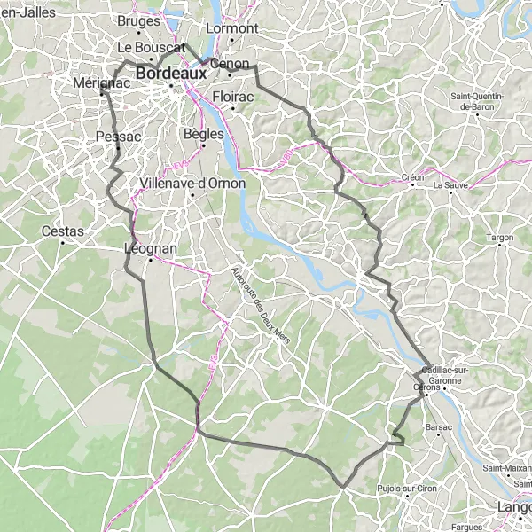 Map miniature of "Mérignac to Pessac Loop" cycling inspiration in Aquitaine, France. Generated by Tarmacs.app cycling route planner