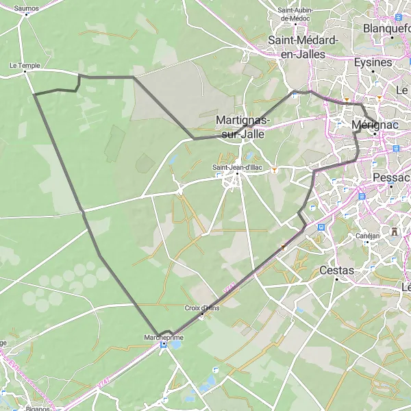 Map miniature of "Pierroton Cycling Loop" cycling inspiration in Aquitaine, France. Generated by Tarmacs.app cycling route planner