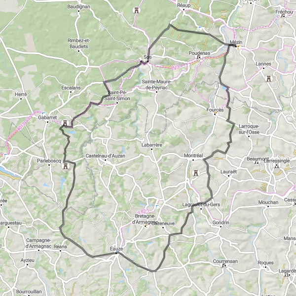 Miniature de la carte de l'inspiration cycliste "Vers les Châteaux du Gers" dans la Aquitaine, France. Générée par le planificateur d'itinéraire cycliste Tarmacs.app