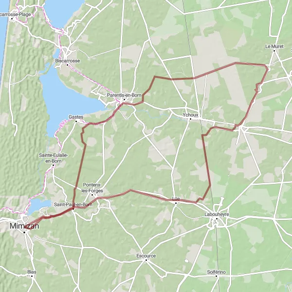 Miniature de la carte de l'inspiration cycliste "Circuit du Lac de Mimizan" dans la Aquitaine, France. Générée par le planificateur d'itinéraire cycliste Tarmacs.app