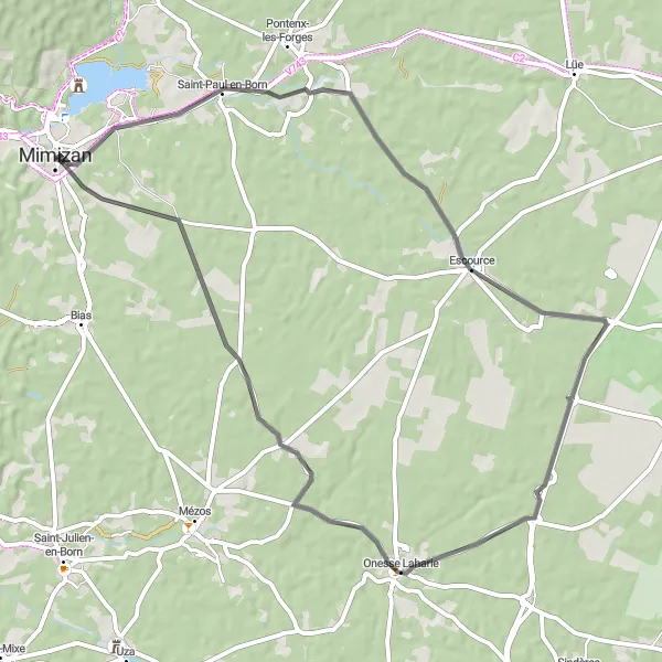Miniatua del mapa de inspiración ciclista "Ruta de ciclismo de carretera Saint-Paul-en-Born - Onesse Laharie" en Aquitaine, France. Generado por Tarmacs.app planificador de rutas ciclistas