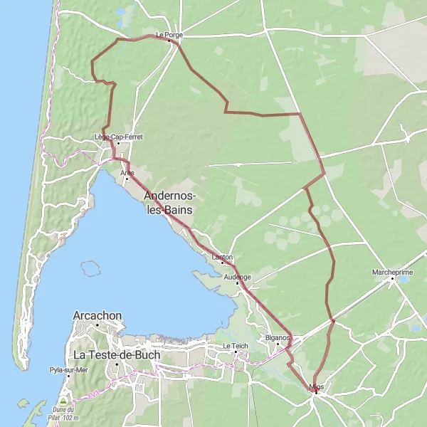 Miniatua del mapa de inspiración ciclista "Ruta de Grava a través de Bosques y Costa" en Aquitaine, France. Generado por Tarmacs.app planificador de rutas ciclistas