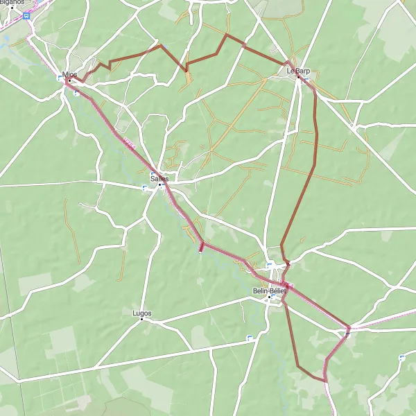 Miniatua del mapa de inspiración ciclista "Ruta de grava Le Barp - Salles" en Aquitaine, France. Generado por Tarmacs.app planificador de rutas ciclistas