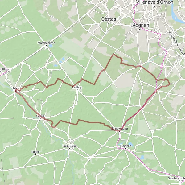Miniatua del mapa de inspiración ciclista "Ruta de grava Les Landes de Mougnet - Salles" en Aquitaine, France. Generado por Tarmacs.app planificador de rutas ciclistas