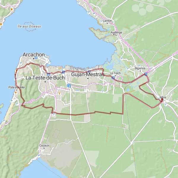 Map miniature of "Coastal Delight on Gravel" cycling inspiration in Aquitaine, France. Generated by Tarmacs.app cycling route planner