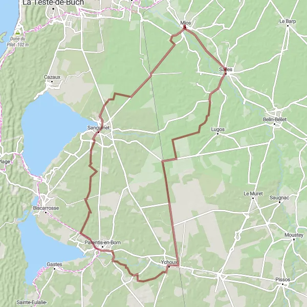 Miniature de la carte de l'inspiration cycliste "La forêt des Landes et les lacs" dans la Aquitaine, France. Générée par le planificateur d'itinéraire cycliste Tarmacs.app