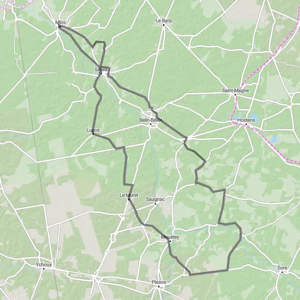 Map miniature of "Mios - Belhade - Moustey - Lugos - Salles" cycling inspiration in Aquitaine, France. Generated by Tarmacs.app cycling route planner