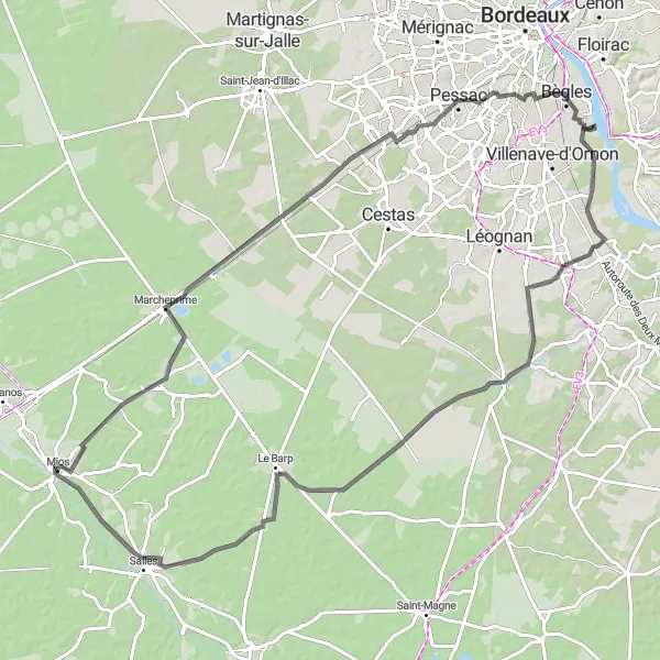 Miniatua del mapa de inspiración ciclista "Ruta de carretera Marcheprime - Salles" en Aquitaine, France. Generado por Tarmacs.app planificador de rutas ciclistas