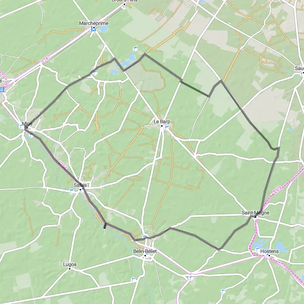 Map miniature of "Mios - Lacanau-de-Mios - Saint-Magne - Salles" cycling inspiration in Aquitaine, France. Generated by Tarmacs.app cycling route planner