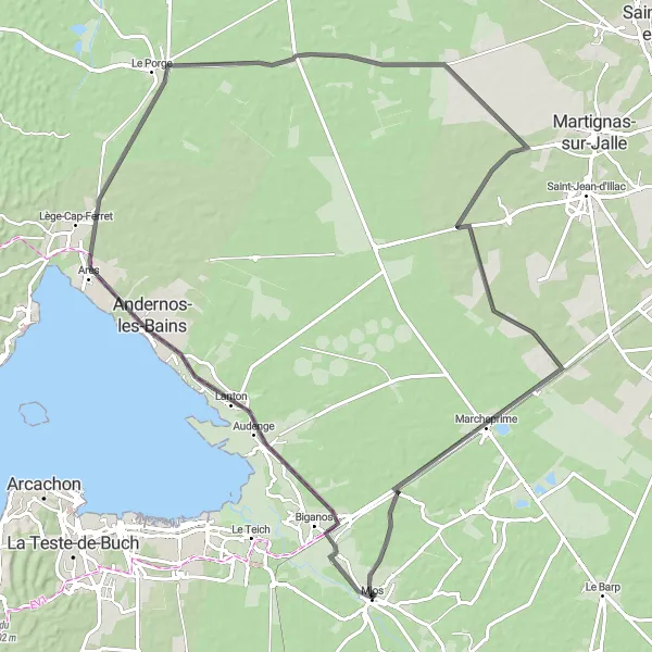 Map miniature of "Mios - Lanton - Arès - Le Temple - Marcheprime" cycling inspiration in Aquitaine, France. Generated by Tarmacs.app cycling route planner