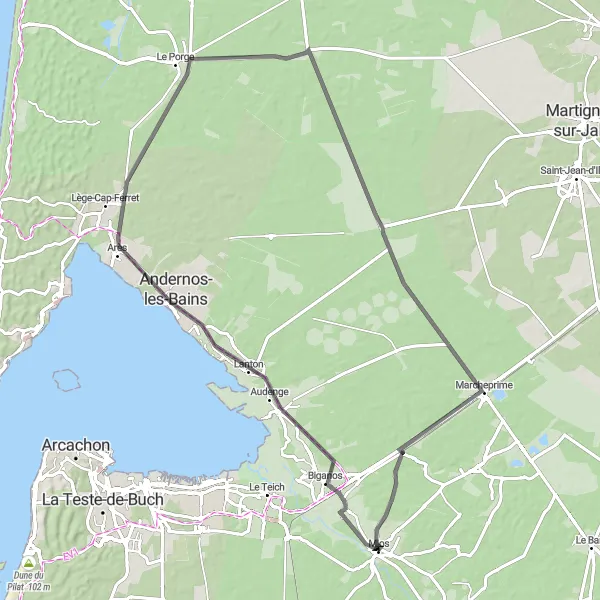 Miniatua del mapa de inspiración ciclista "Ruta Escénica por Costa y Pueblos" en Aquitaine, France. Generado por Tarmacs.app planificador de rutas ciclistas