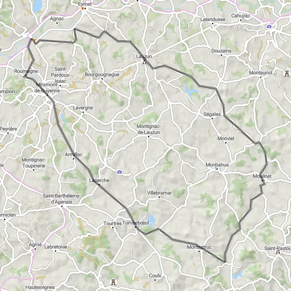 Map miniature of "Scenic Ride from Miramont-de-Guyenne to Sérignac-Péboudou and Saint-Maurice-de-Lestapel" cycling inspiration in Aquitaine, France. Generated by Tarmacs.app cycling route planner