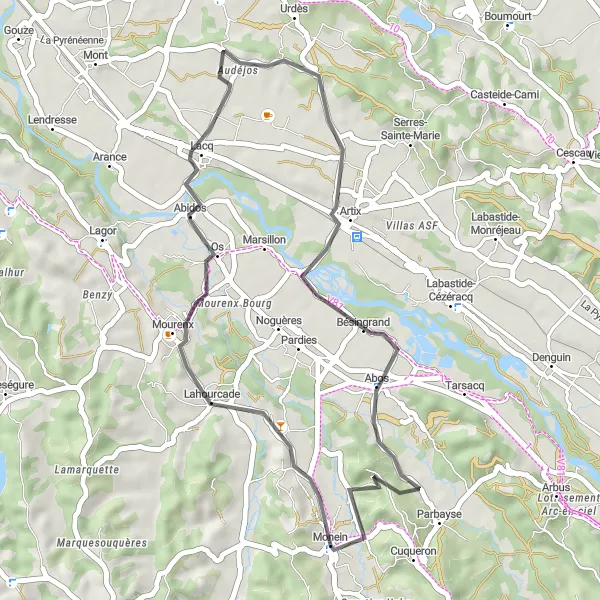 Miniatua del mapa de inspiración ciclista "Ruta de ciclismo de carretera cerca de Monein" en Aquitaine, France. Generado por Tarmacs.app planificador de rutas ciclistas