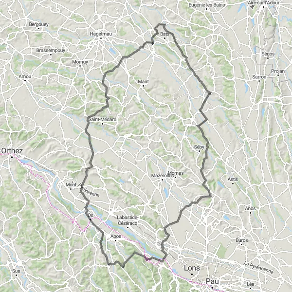 Miniature de la carte de l'inspiration cycliste "Boucle de Béarn" dans la Aquitaine, France. Générée par le planificateur d'itinéraire cycliste Tarmacs.app