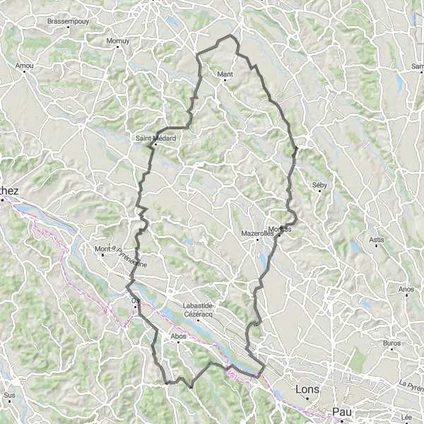 Miniature de la carte de l'inspiration cycliste "Parcours en boucle à vélo depuis Monein" dans la Aquitaine, France. Générée par le planificateur d'itinéraire cycliste Tarmacs.app