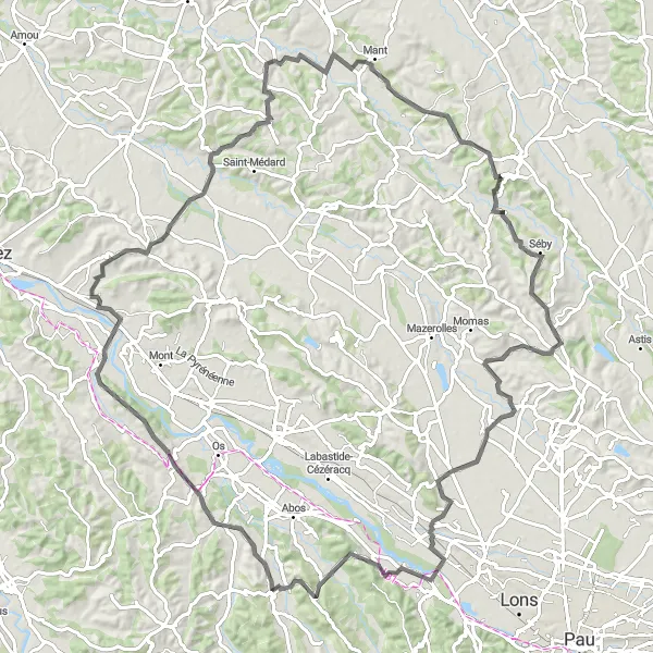 Miniature de la carte de l'inspiration cycliste "Parcours épique à travers les Pyrénées" dans la Aquitaine, France. Générée par le planificateur d'itinéraire cycliste Tarmacs.app