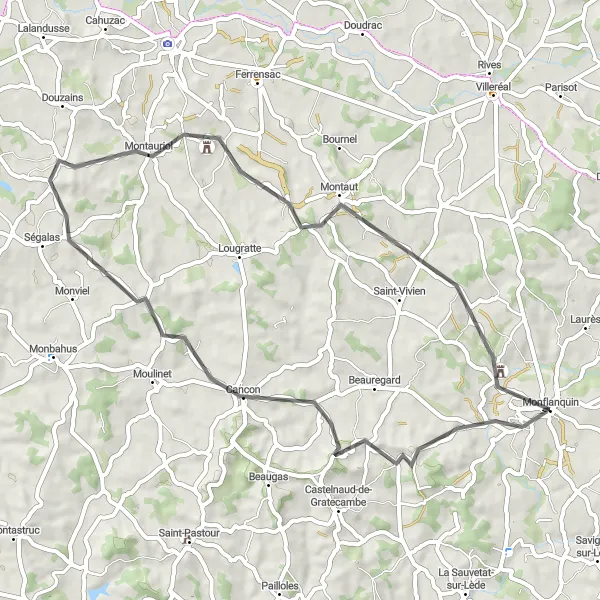 Map miniature of "Monflanquin and Château de Roquefère Road Cycling Route" cycling inspiration in Aquitaine, France. Generated by Tarmacs.app cycling route planner