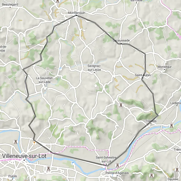 Map miniature of "Monflanquin and Saint-Sylvestre-sur-Lot Round Trip" cycling inspiration in Aquitaine, France. Generated by Tarmacs.app cycling route planner