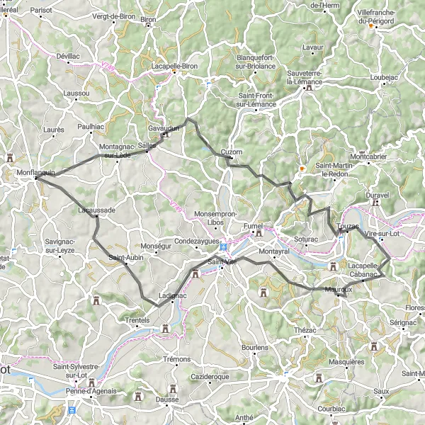 Miniature de la carte de l'inspiration cycliste "Escapade de 77 km dans la vallée du Lède" dans la Aquitaine, France. Générée par le planificateur d'itinéraire cycliste Tarmacs.app