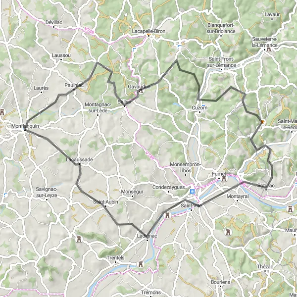 Map miniature of "Monflanquin and Saint-Vite Round Trip" cycling inspiration in Aquitaine, France. Generated by Tarmacs.app cycling route planner