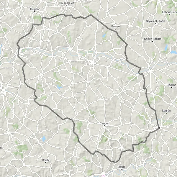 Map miniature of "Monflanquin and Singleyrac Round Trip" cycling inspiration in Aquitaine, France. Generated by Tarmacs.app cycling route planner