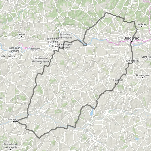 Map miniature of "Monségur - Vineyard Route" cycling inspiration in Aquitaine, France. Generated by Tarmacs.app cycling route planner