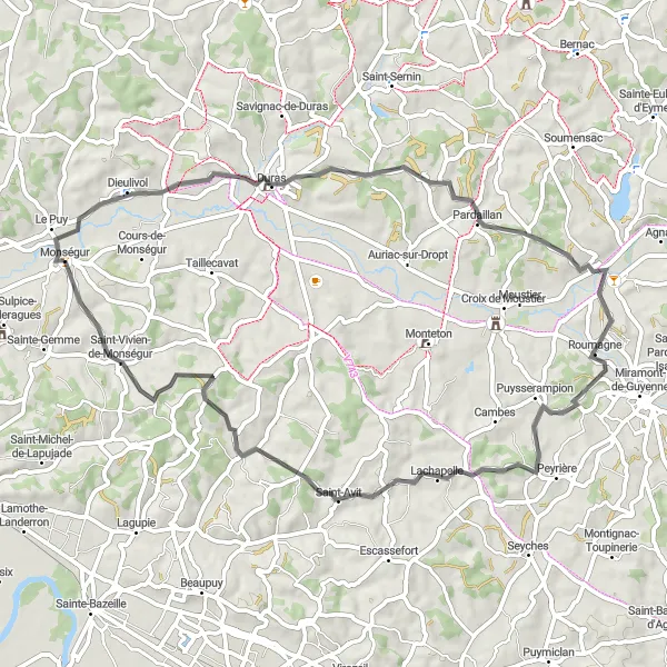 Miniatua del mapa de inspiración ciclista "Ruta escénica de Duras a Monségur" en Aquitaine, France. Generado por Tarmacs.app planificador de rutas ciclistas