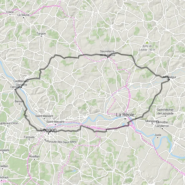 Map miniature of "Monségur - Valley Discovery" cycling inspiration in Aquitaine, France. Generated by Tarmacs.app cycling route planner