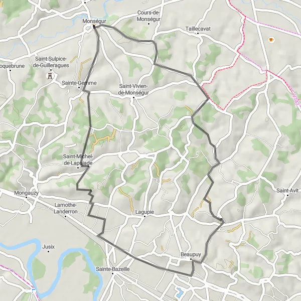 Miniatua del mapa de inspiración ciclista "Ruta de Monségur a Saint-Michel-de-Lapujade y viceversa" en Aquitaine, France. Generado por Tarmacs.app planificador de rutas ciclistas