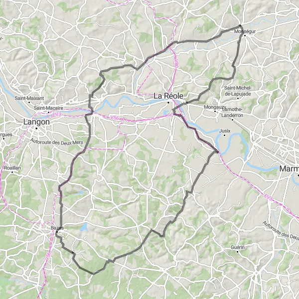 Map miniature of "The Montagoudin Discovery" cycling inspiration in Aquitaine, France. Generated by Tarmacs.app cycling route planner