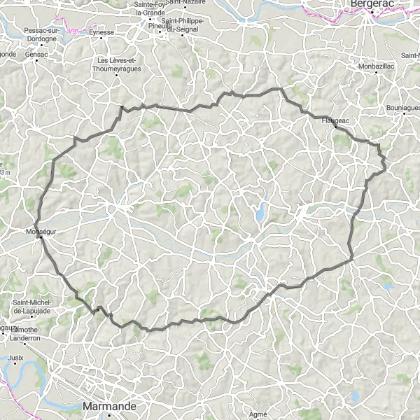 Map miniature of "The Margueron Roundabout" cycling inspiration in Aquitaine, France. Generated by Tarmacs.app cycling route planner