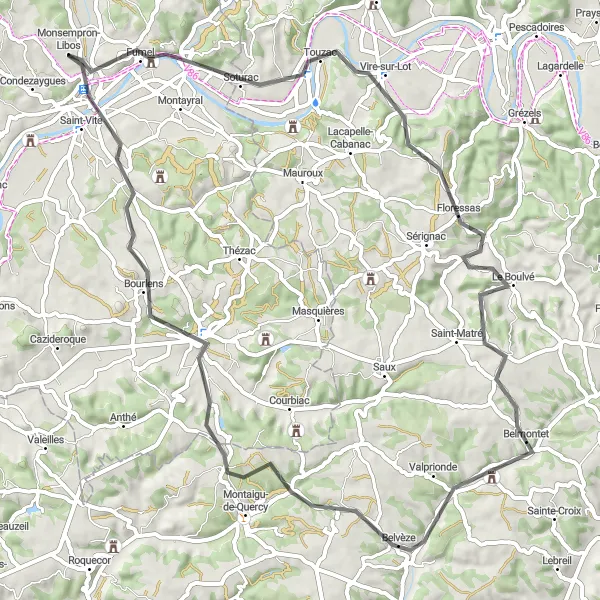 Miniatua del mapa de inspiración ciclista "Ruta de ciclismo desde Monsempron a través de Fumel, Le Boulvé y Belvèze" en Aquitaine, France. Generado por Tarmacs.app planificador de rutas ciclistas