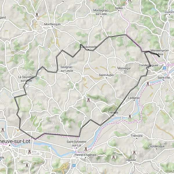 Miniatua del mapa de inspiración ciclista "Recorrido en bicicleta desde Monsempron pasando por Trentels y La Sauvetat-sur-Lède" en Aquitaine, France. Generado por Tarmacs.app planificador de rutas ciclistas