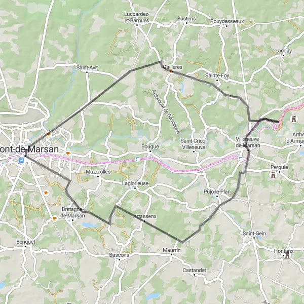 Miniature de la carte de l'inspiration cycliste "Découverte des environs de Mont-de-Marsan" dans la Aquitaine, France. Générée par le planificateur d'itinéraire cycliste Tarmacs.app