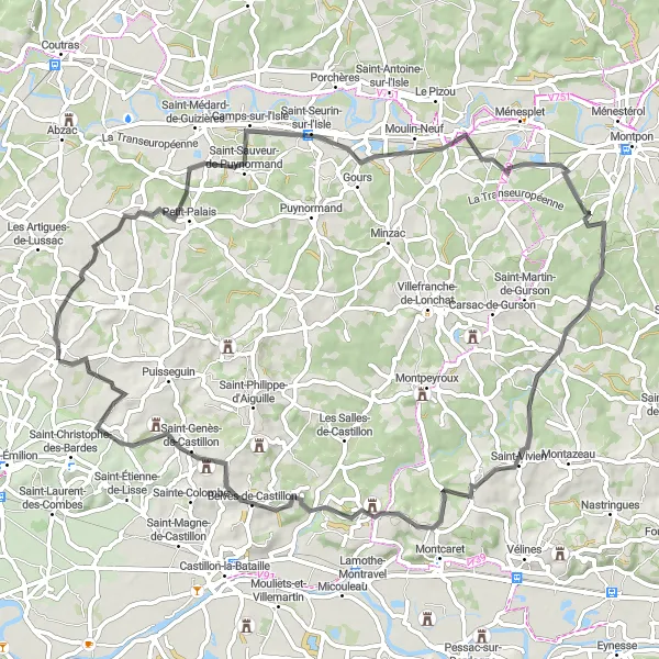 Map miniature of "Charming Villages Loop" cycling inspiration in Aquitaine, France. Generated by Tarmacs.app cycling route planner