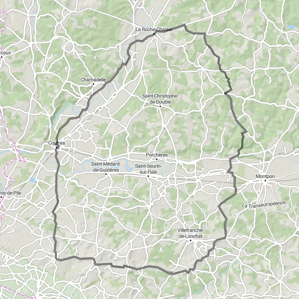 Map miniature of "The Hillside Adventure" cycling inspiration in Aquitaine, France. Generated by Tarmacs.app cycling route planner